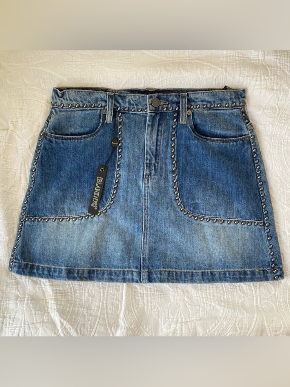 Blank NYC Denim Mini Skirt with Silver Stud Trim